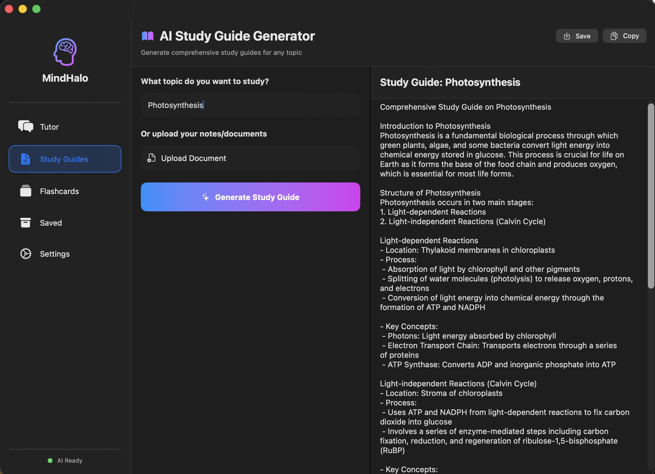 MindHalo macOS App Interface showing AI Tutor and Study Guides